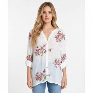 Fig & Flower Anthropologie White Paisley Floral Embroidered Tunic Top Medium